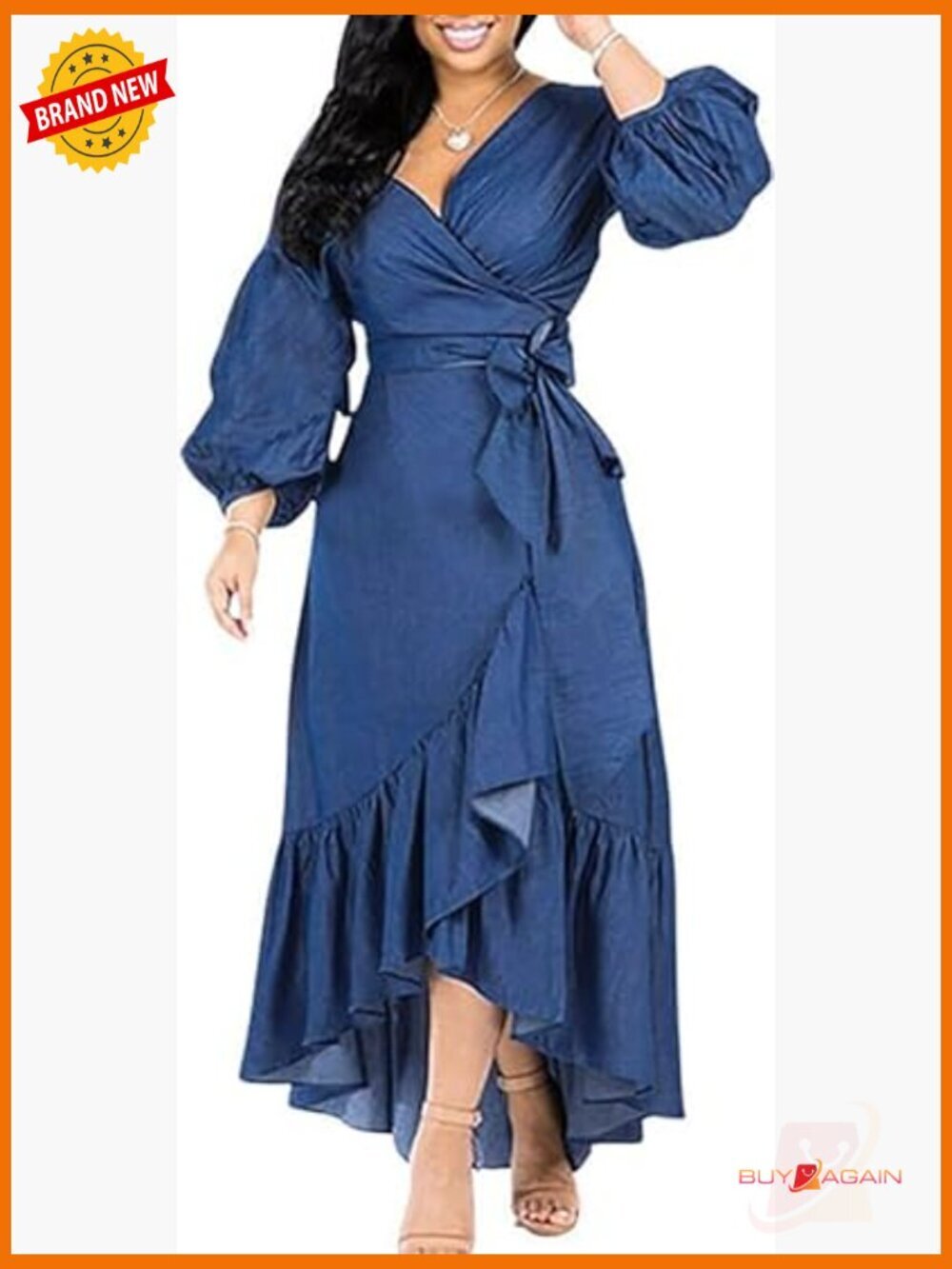 Long Sleeve V-Neck Wrap Denim Maxi Dress with Belted Waist
